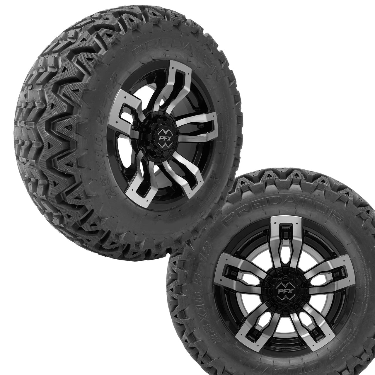 12" Velocity Machined/Black Wheels on 23x10x12 A/T Tires (Set of 4) Golf Cart