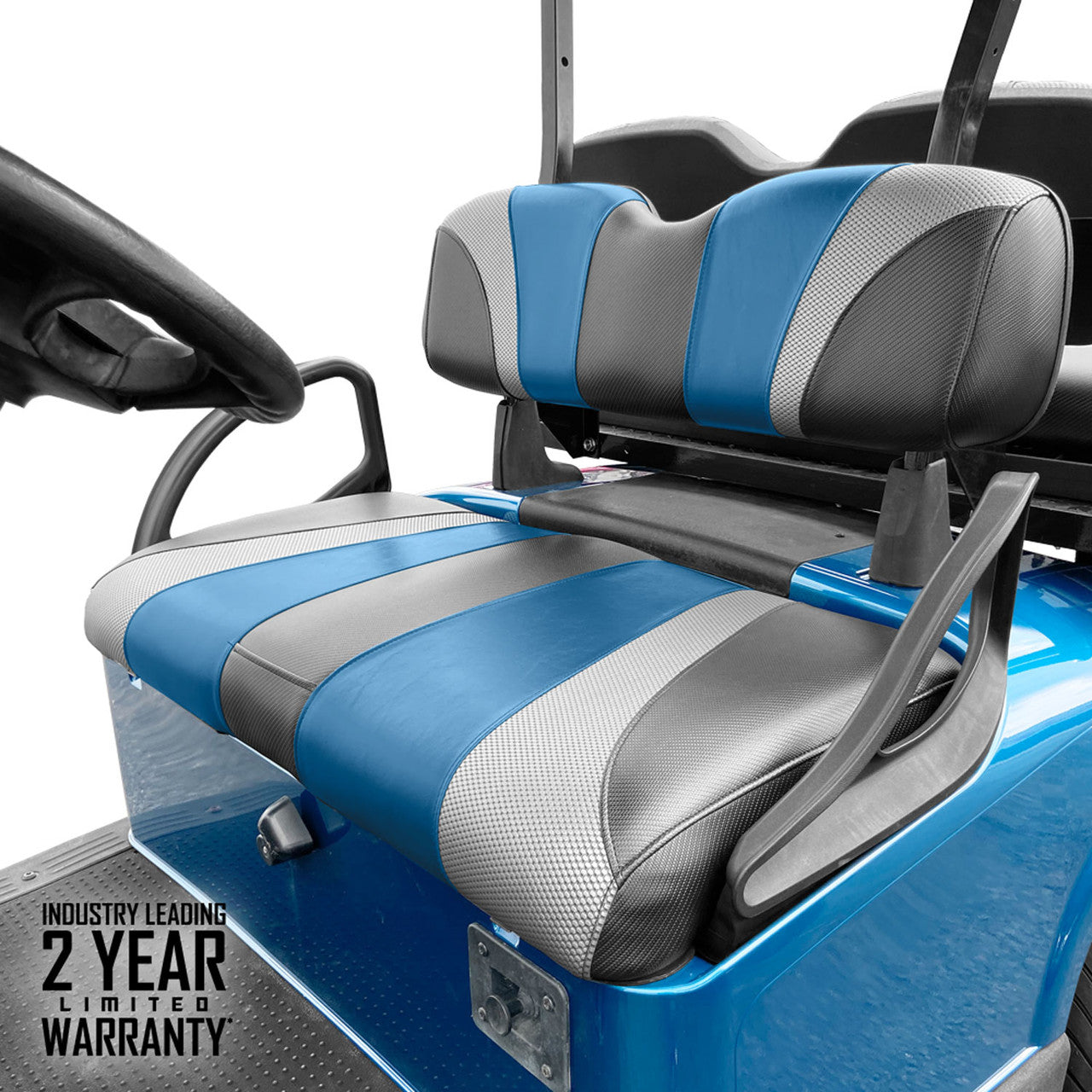 SlipStream Front Seat Cover Set Electric Blue/Liquid Silver - Installed on E-Z-Go RXV
