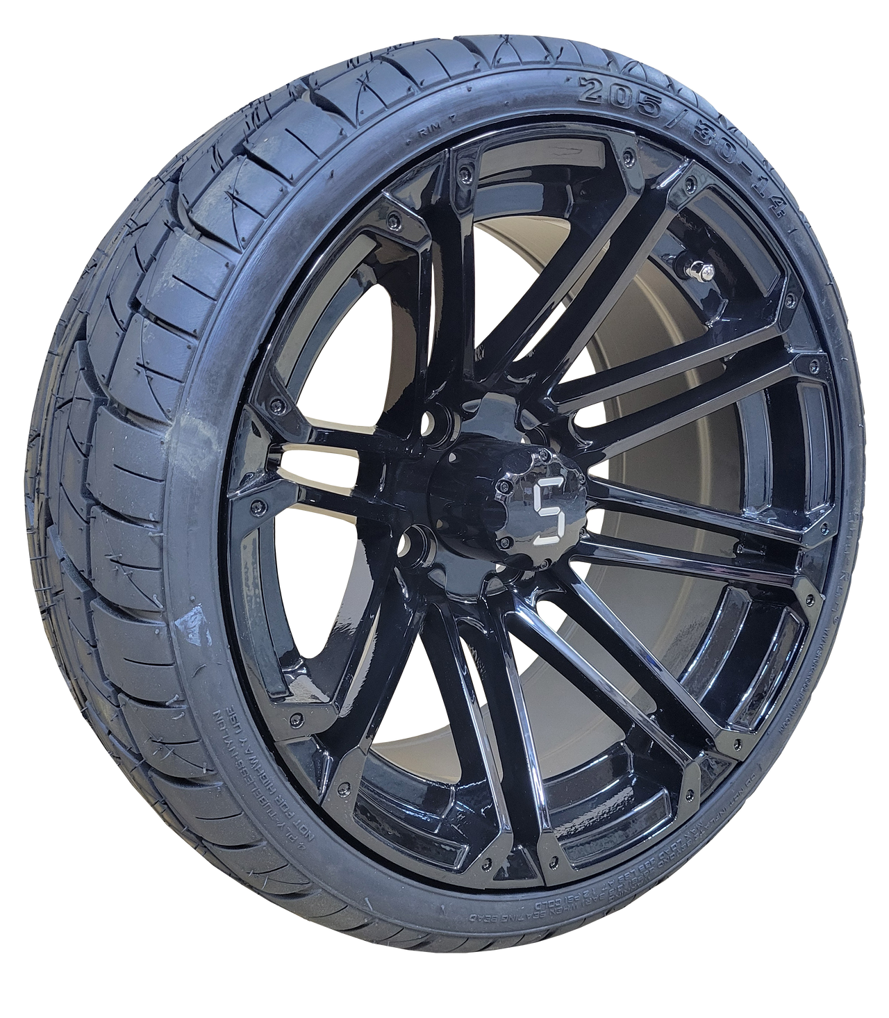 14" Ridgeback Gloss Black Golf Cart Wheels on 205/30-14 Street Talon Tires (Set of 4)