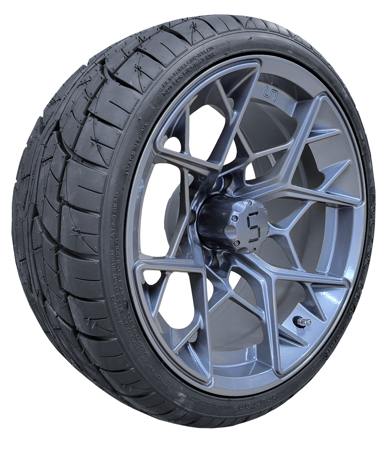 14" Shockwave Gunmetal Golf Cart Wheels on 205/30-14 Street Talon Tires (Set of 4)