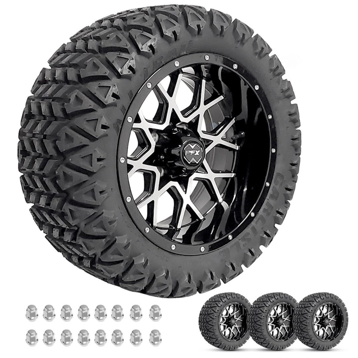 14" CHAOS Machined/Black Wheels on 23x10x14 A/T Tires - Lug Nuts Included