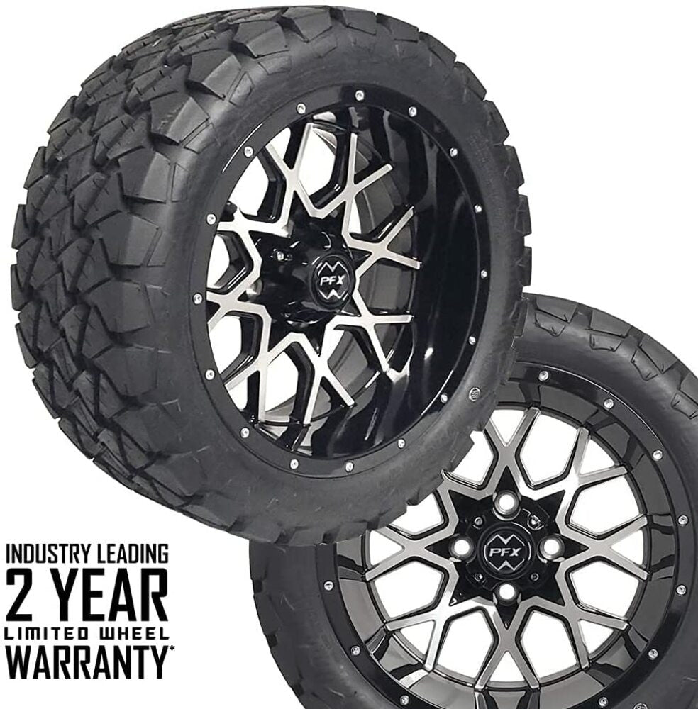14" CHAOS Machined Black Wheels on 22x10x14 A/T Off-Road Tires - Warranty Info
