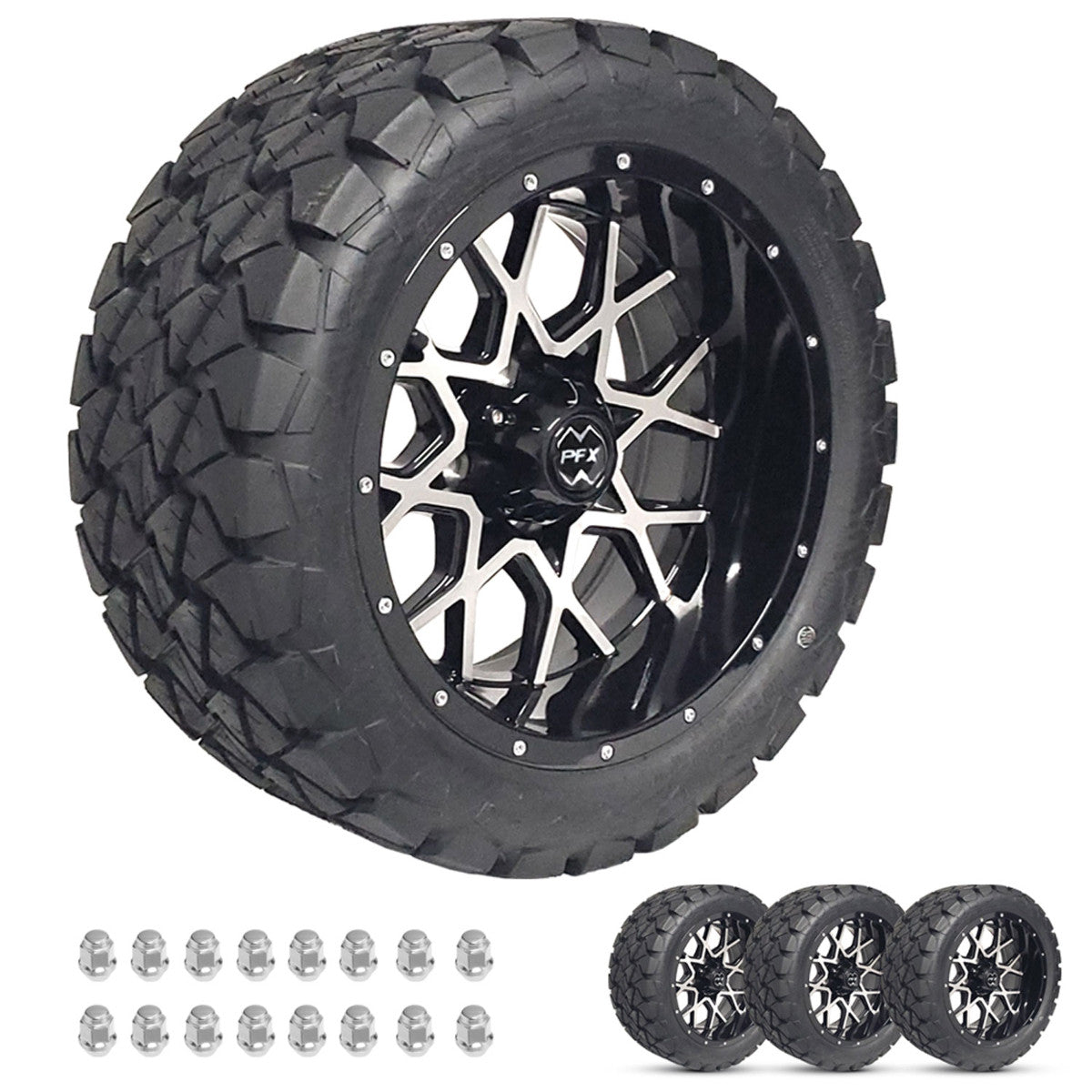 14" CHAOS Machined Black Wheels on 22x10x14 A/T Off-Road Tires - Set of 4